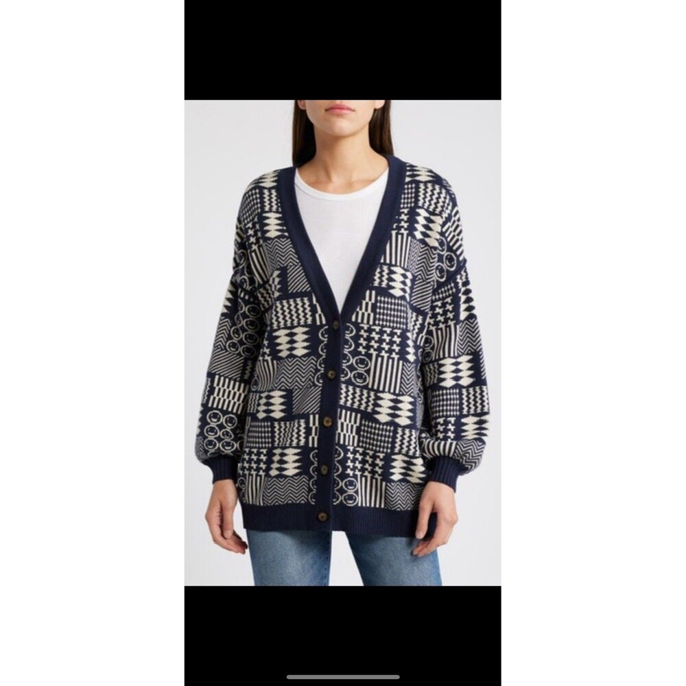 Cleobella Navy and Cream Geometric Button-Front Cardigan 100% Organic Cotton